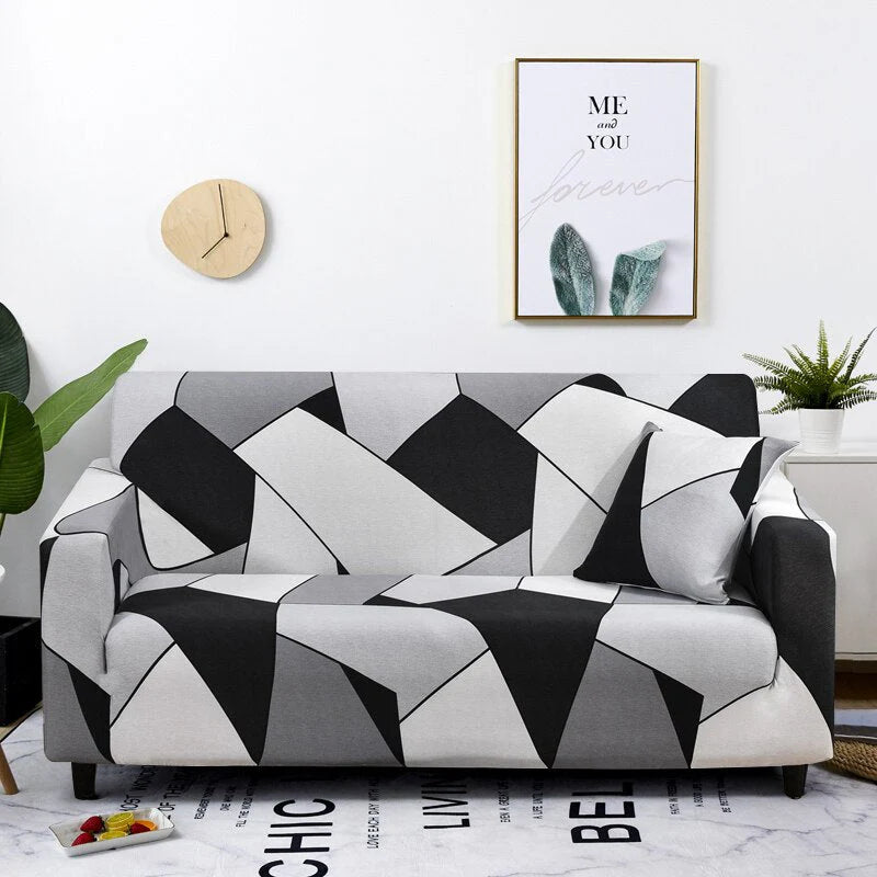 Graceful Black White Linear Design Sofa Slipcover 2 - Seater