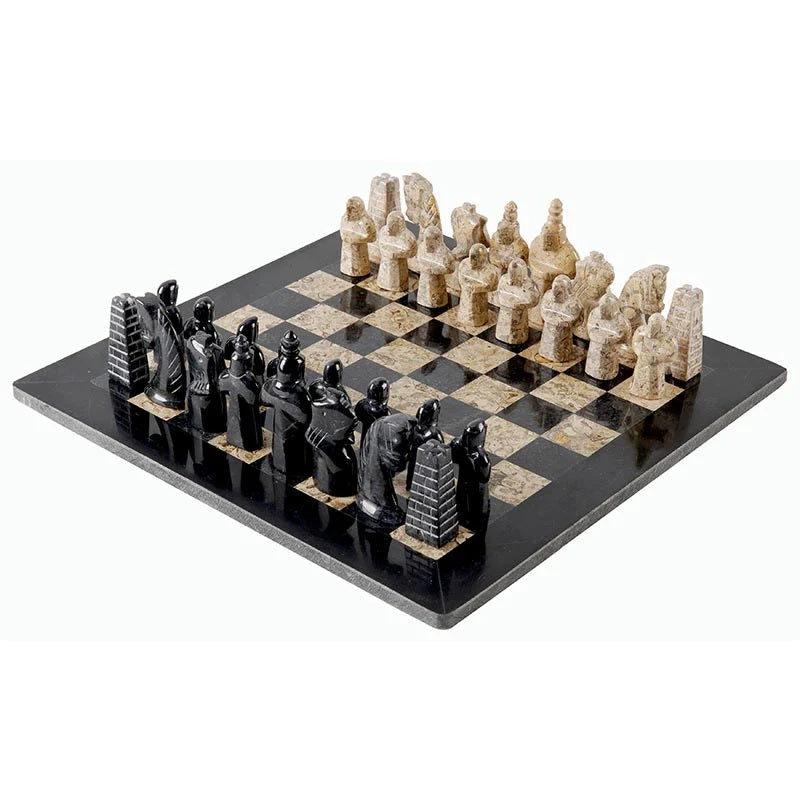 Grandeur Handmade Marble Chess Set in Premium Case Black & Coral