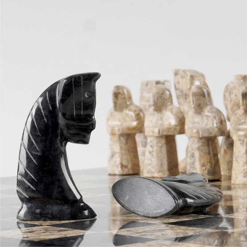 Grandeur Handmade Marble Chess Set in Premium Case Black & Coral