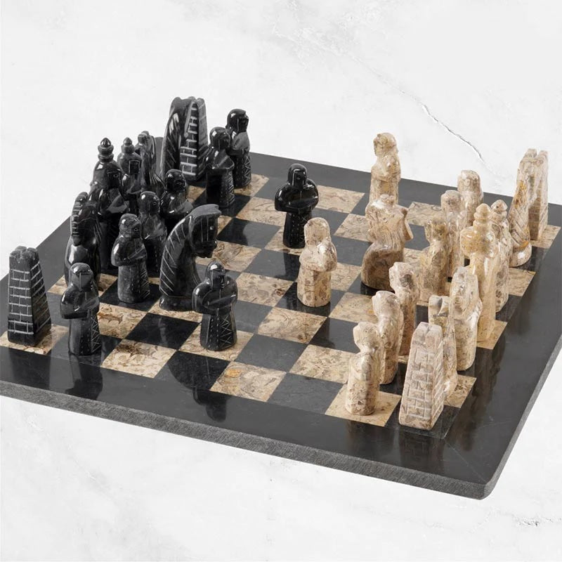 Grandeur Handmade Marble Chess Set in Premium Case Black & Coral