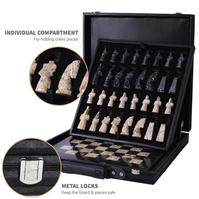 Grandeur Handmade Marble Chess Set in Premium Case Black & Coral