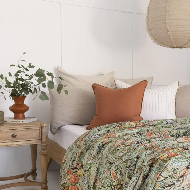 Green Flora Fauna Patterned Cotton Bedspread