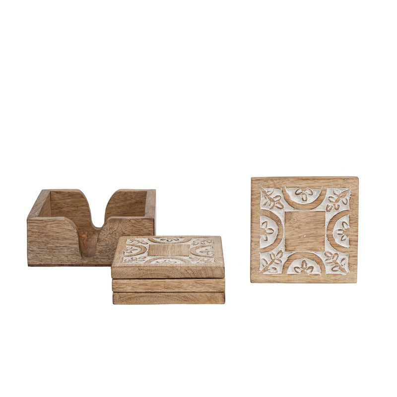 Handcrafted Mango Wood Burnt 4 Pcs Coaster - 12.5×12.5×5.5cms