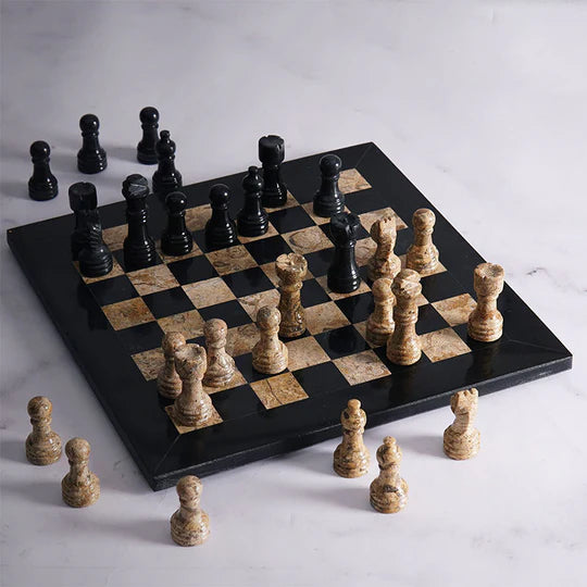 Handmade Marble Chess Set Black & Coral - 25cms