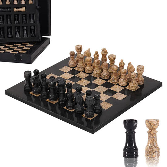Handmade Marble Chess Set Black & Coral - 25cms