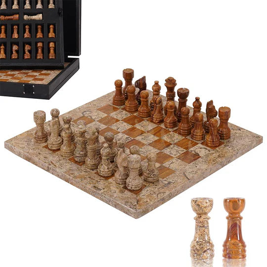 Handmade Marble Chess Set Coral & Red - 25cms