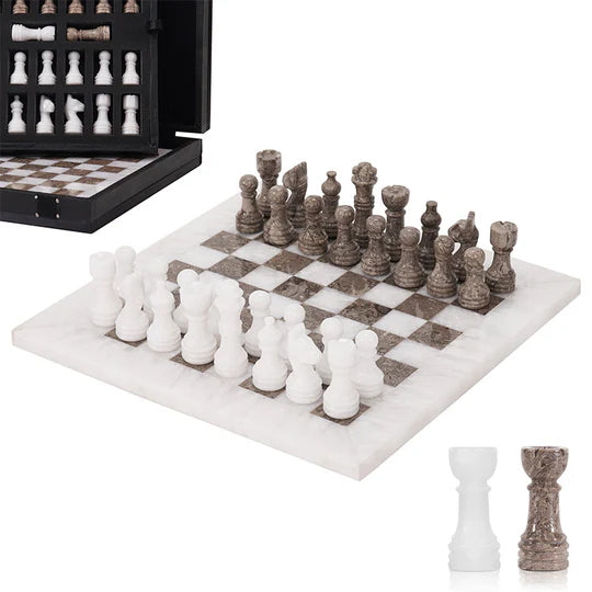 Handmade Marble Chess Set Oceanic & White- 25cms