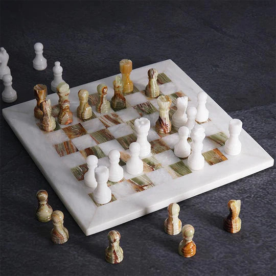 Handmade Marble Chess Set White & Green - 25cms