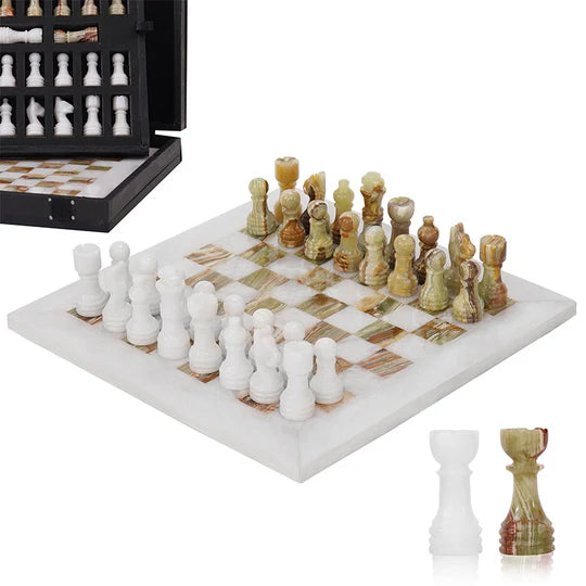 Handmade Marble Chess Set White & Green - 25cms