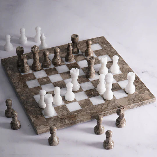 Handmade Marble Chess Set White & Oceanic - 25cms