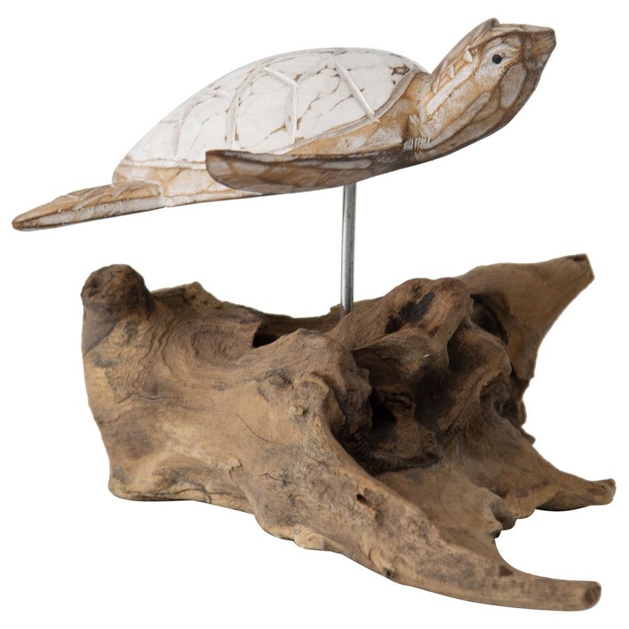 Handmade Turtle With Driftwood Base Figurine