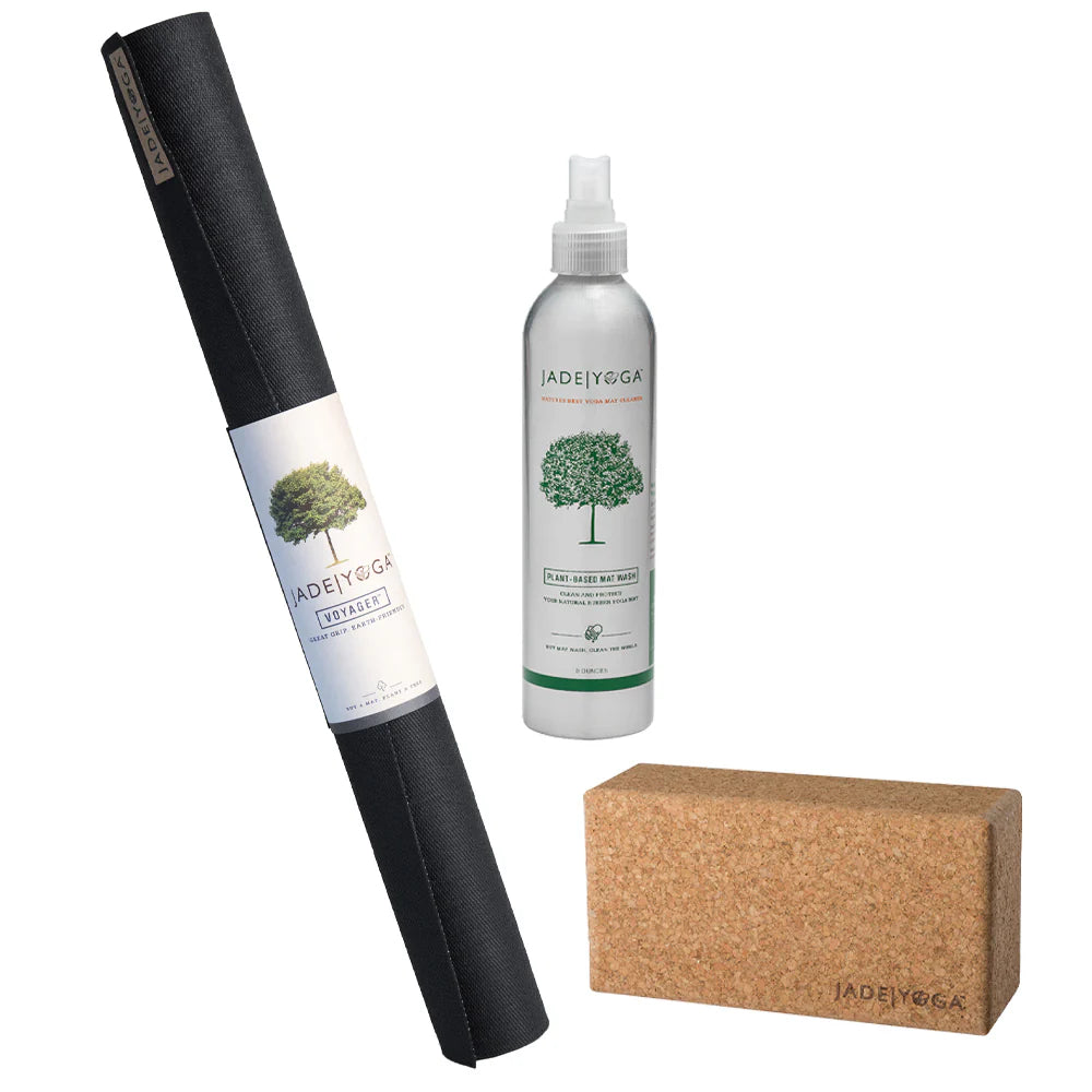 Jade Yoga Harmony Mat + Cork Yoga Block + Wash - Black