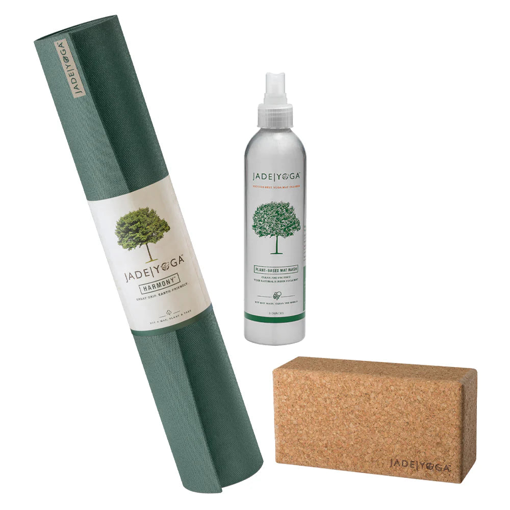 Jade Yoga Harmony Mat + Cork Yoga Block + Wash - Jade Green