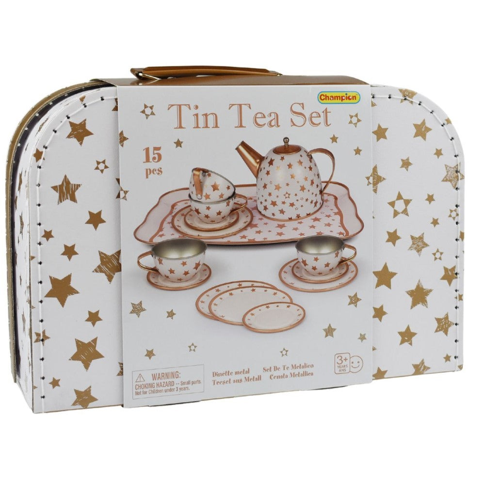Kids Play Tin Tea Set In Suitcase - Gold Star 15Pcs