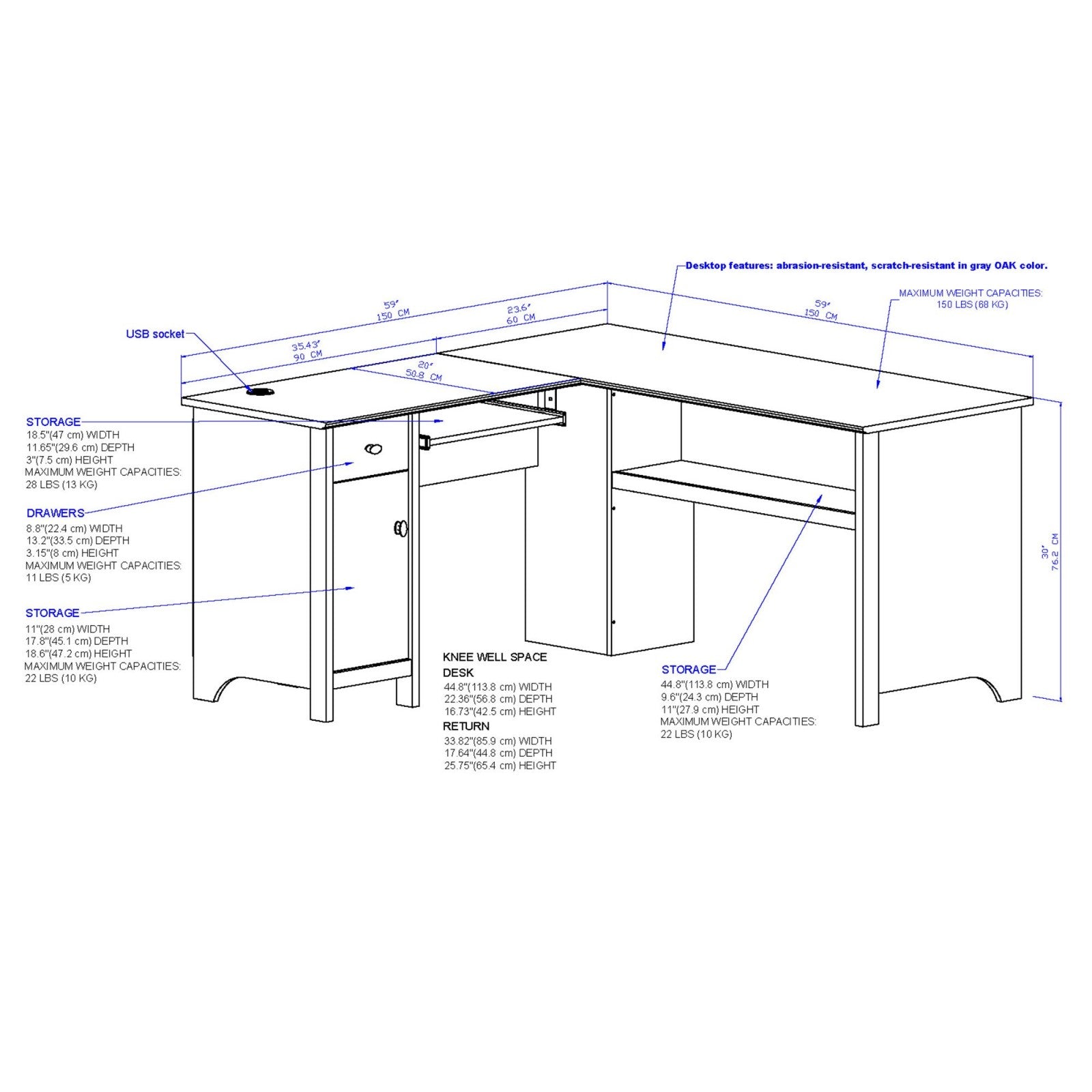 L-Shape Desk with Integrated USB Charging