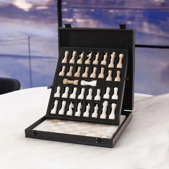 Marble Chess Set White & Travertine - 30cms