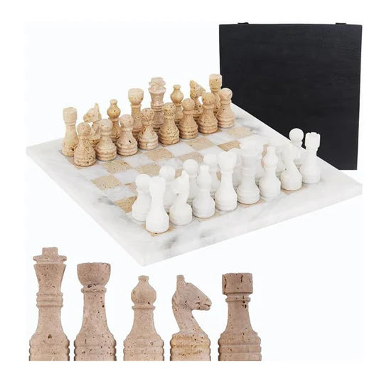 Marble Chess Set White & Travertine - 30cms