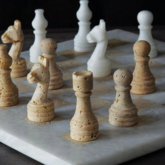 Marble Chess Set White & Travertine - 30cms