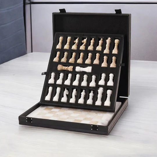 Marble Chess Set White & Travertine - 38cms