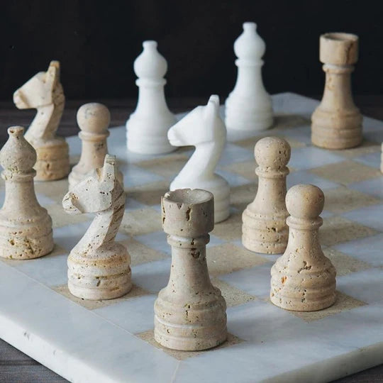 Marble Chess Set White & Travertine - 38cms