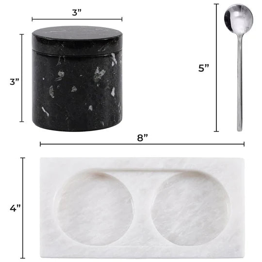 Marble Handmade Salt Cellar with Tray - White & Black