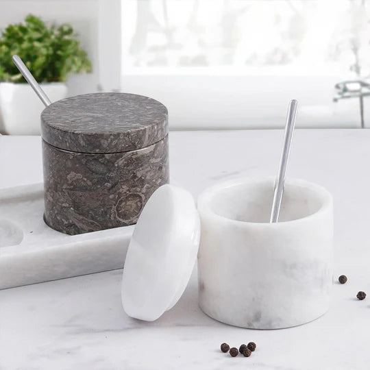 Marble Handmade Salt Cellar with Tray - White & Grey