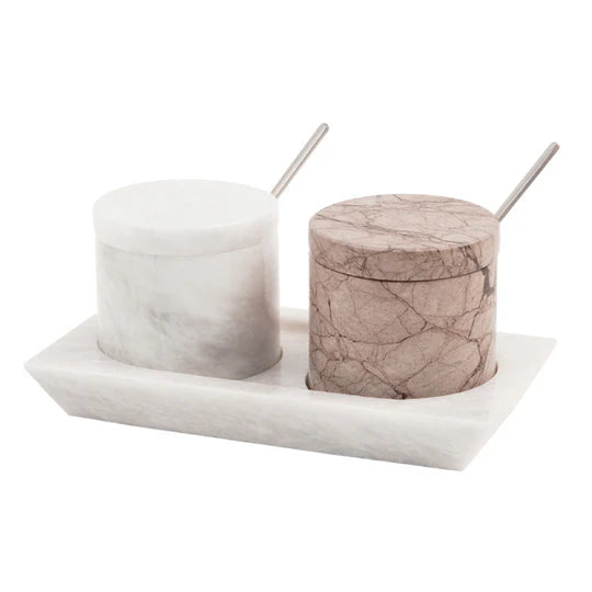 Marble Handmade Salt Cellar with Tray - White & Marinara