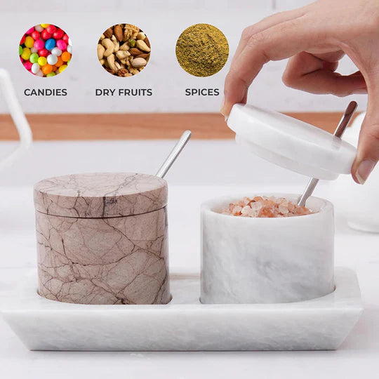 Marble Handmade Salt Cellar with Tray - White & Marinara