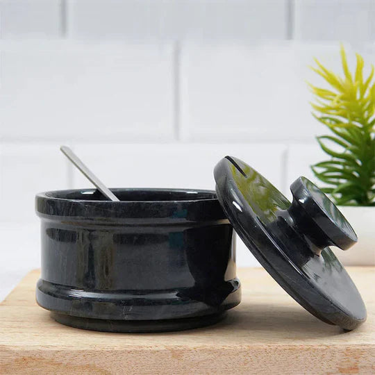 Marble Salt Cellar With Lid & Spoon - Black