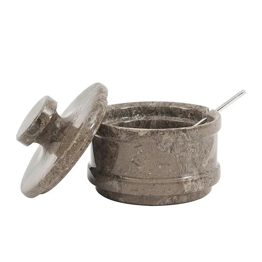 Marble Salt Cellar With Lid & Spoon - Grey