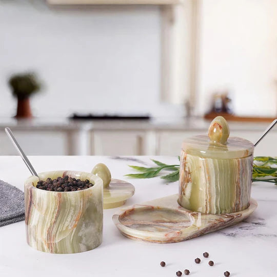 Marble Salt Cellar with Tray - Green