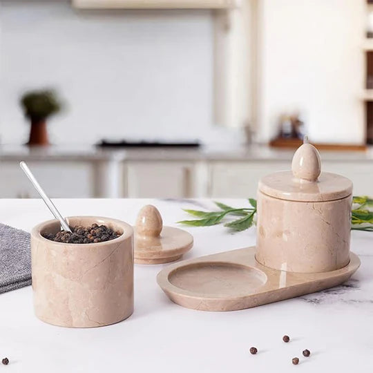 Marble Salt Cellar with Tray - Light Brown