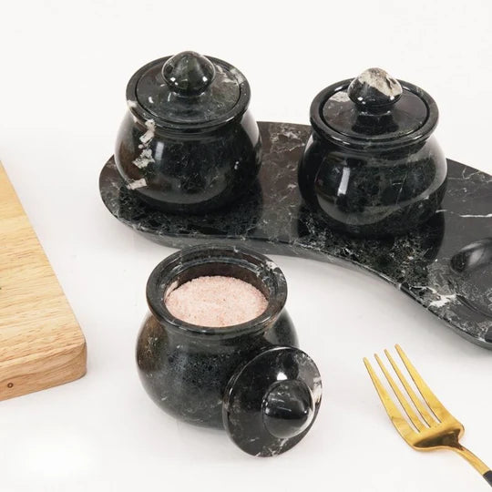 Marble Salt & Spice Container - Set of 3 - Black