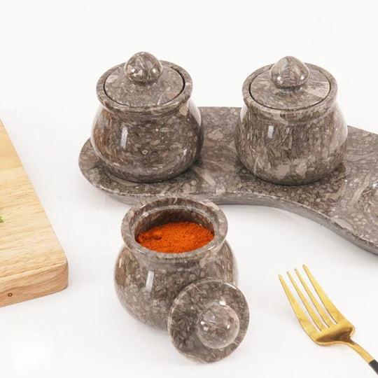 Marble Salt & Spice Container - Set of 3 - Grey