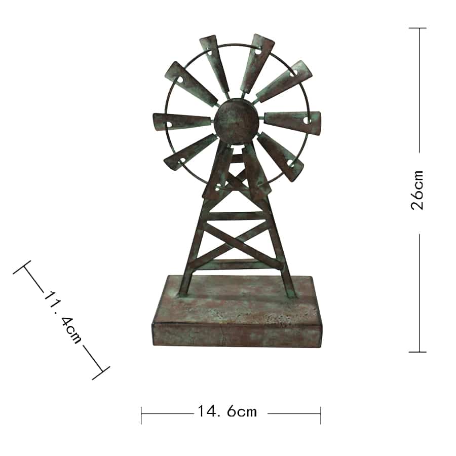 Metal Decorative Galvanized Windmill Ornament on Base - 26cms