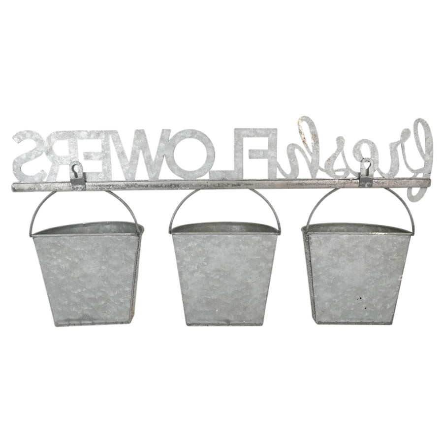 Metal Three Bucket 'Fresh Flowers' Wall Planter