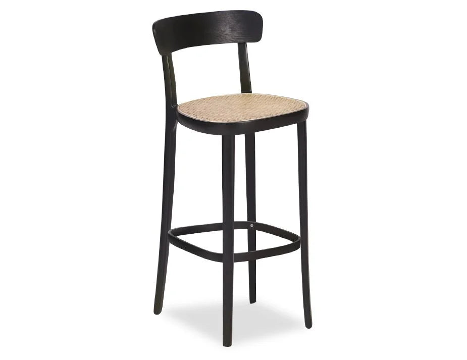 Mid-Century Modern Black Stool with Cane Seat - 66cms