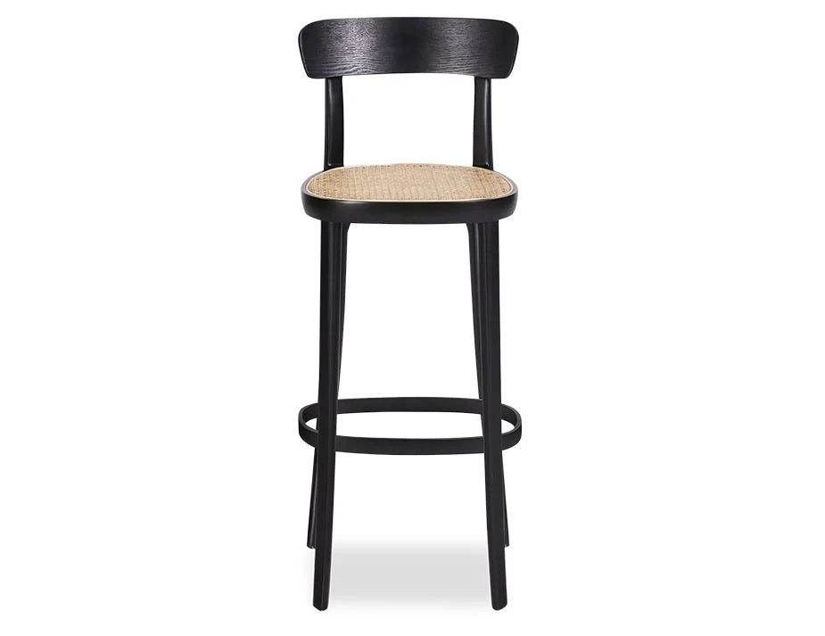 Mid-Century Modern Black Stool with Cane Seat - 66cms
