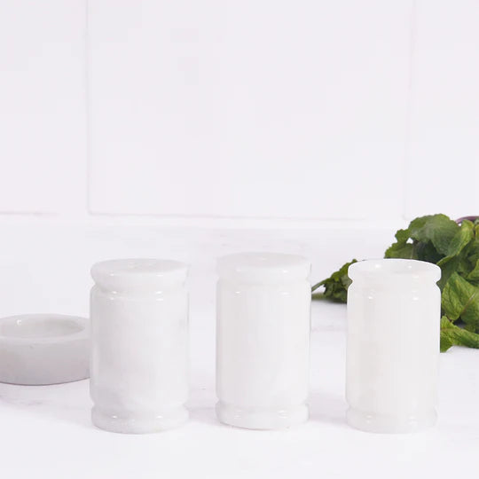 Natural Stone Salt & Pepper Set with Display Tray - White