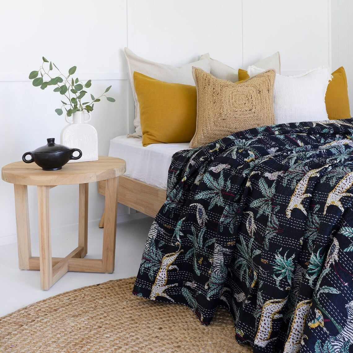 Navy Flora Fauna Design Boho Cotton Bedspread King Size