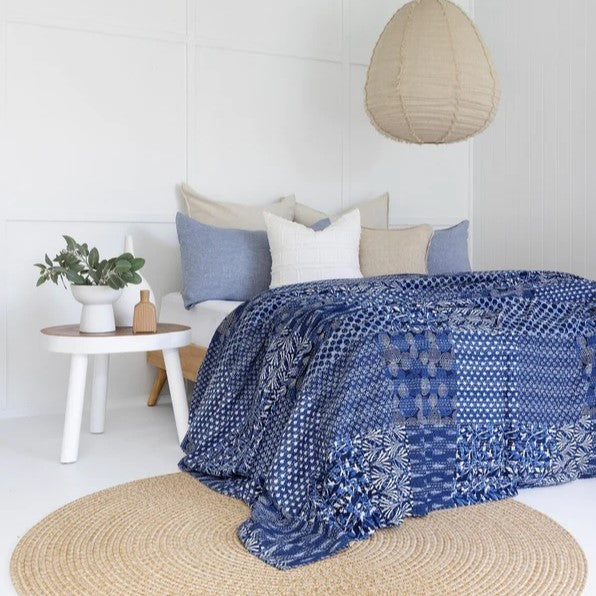Navy and White Block Print Cotton Bedspread