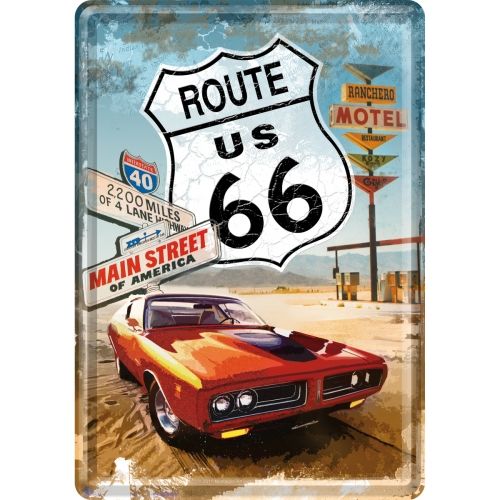 Nostalgic-Art Metal Postcard Route 66 Red Car 10 x 14cms
