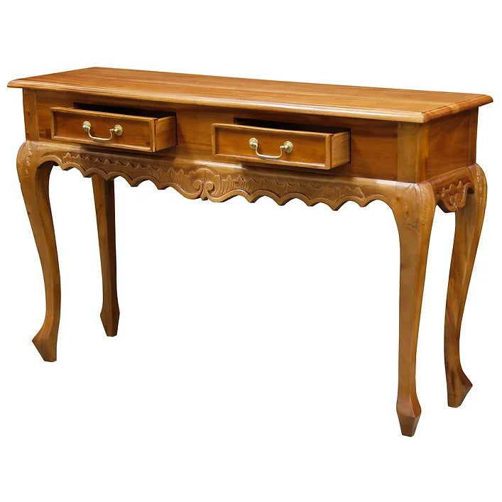 Ornately Carved 2 Drawer Sofa Table - Light Brown