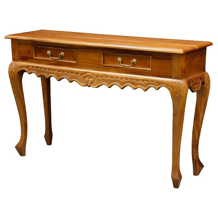 Ornately Carved 2 Drawer Sofa Table - Light Brown