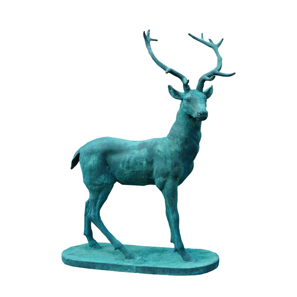 Outdoor Cast Iron Stag Heads Right Statue - Verdigris