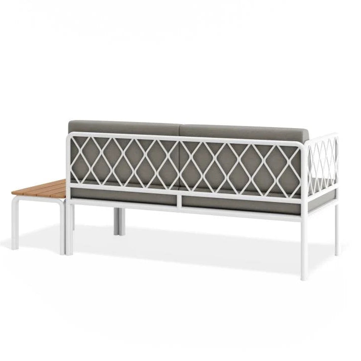 Outdoor White 2-Seater Cushion Sofa with Teak Top - Sandy Grey