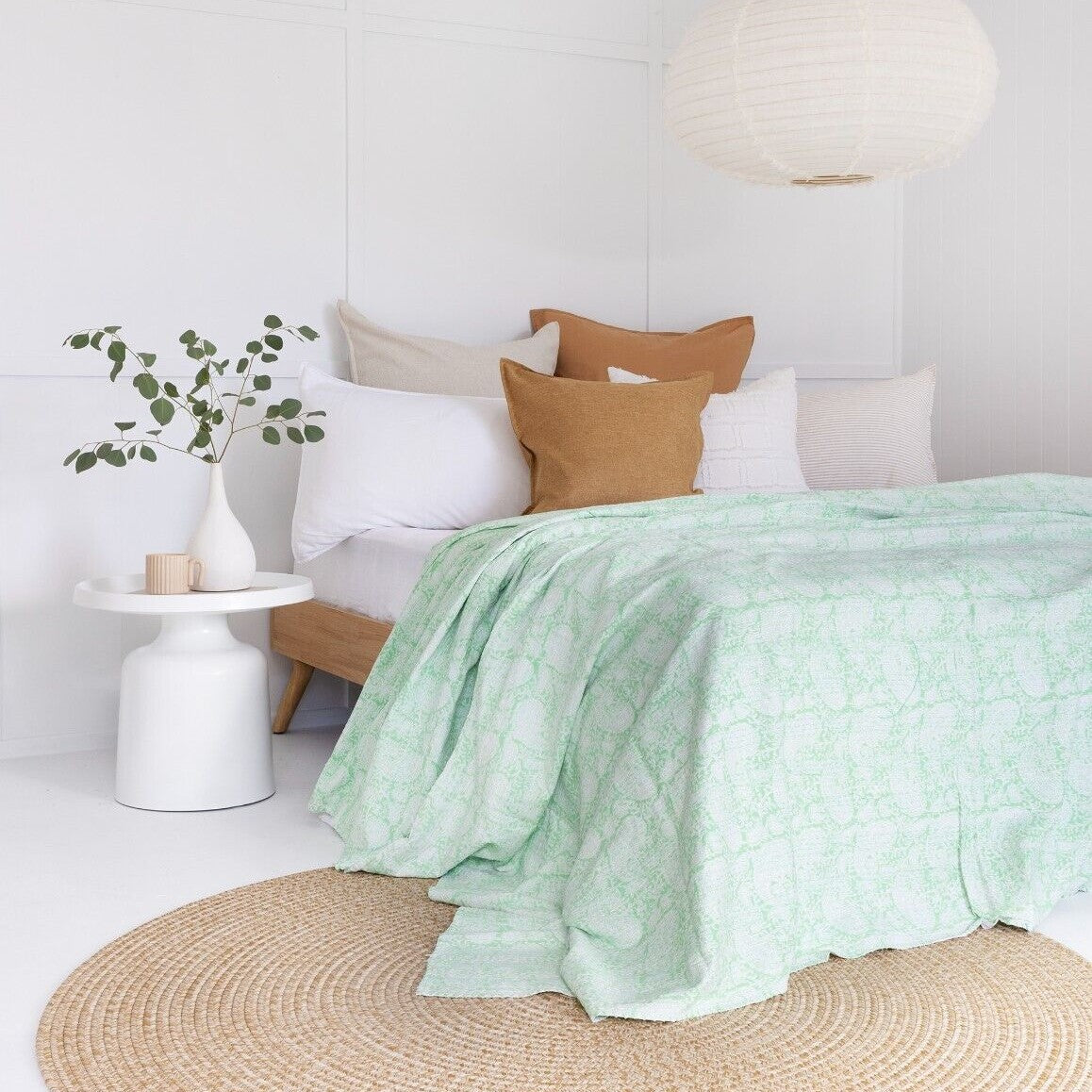 Pastel Green Block Print Cotton Bedspread King Size