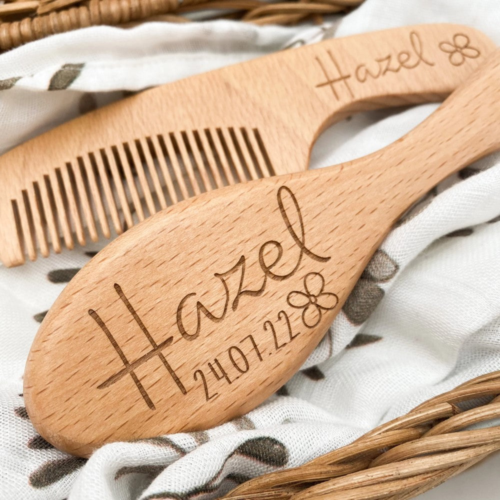 Personalised Baby Hair Brush (Goat Hair) & Comb Set (Name & Birthdate)