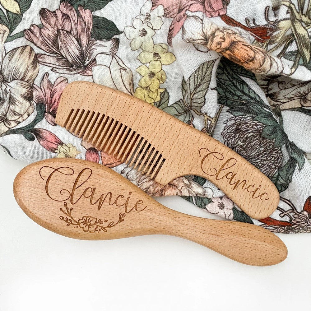 Personalised Baby Hair Brush (Goat Hair) & Comb Set (Name Only)