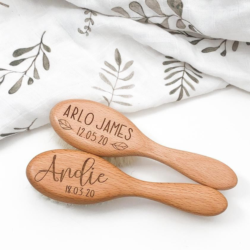 Personalised Baby Hair Brush (Goat Hair) & Comb Set (Name & Birthdate)